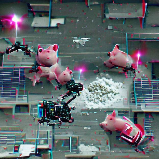 Robot Flying Pigs in a City, 8K Resolution