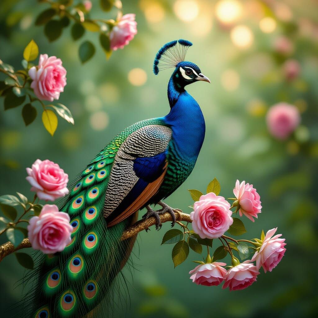 A majestic peacock with iridescent feathers, perched on a gilded branch laden with dew-kissed roses. The scene is bathed...
