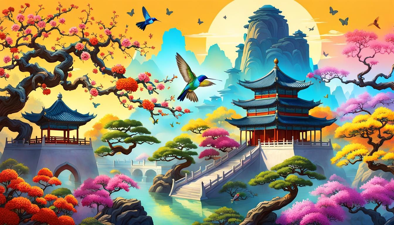 Qing Dynasty Prince Pruning Bonsai: Oriental Digital Art