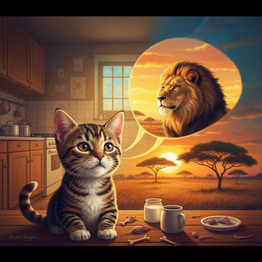 Tabby Cat Dreams of Becoming a Majestic Lion