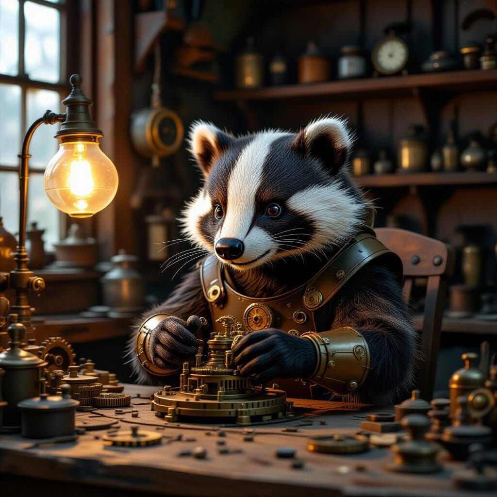 Steampunk Badger Inventor in Workshop