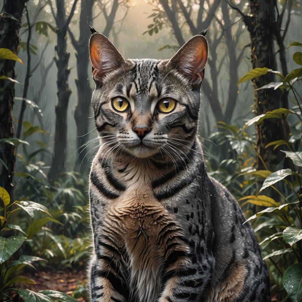 Egyptian Mau Cat Portrait in Forest, Oil Painting
