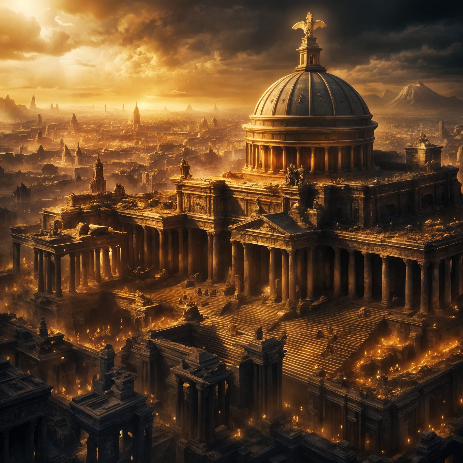 Infernal Roman City with Towering Temple in Dark Fantasy
