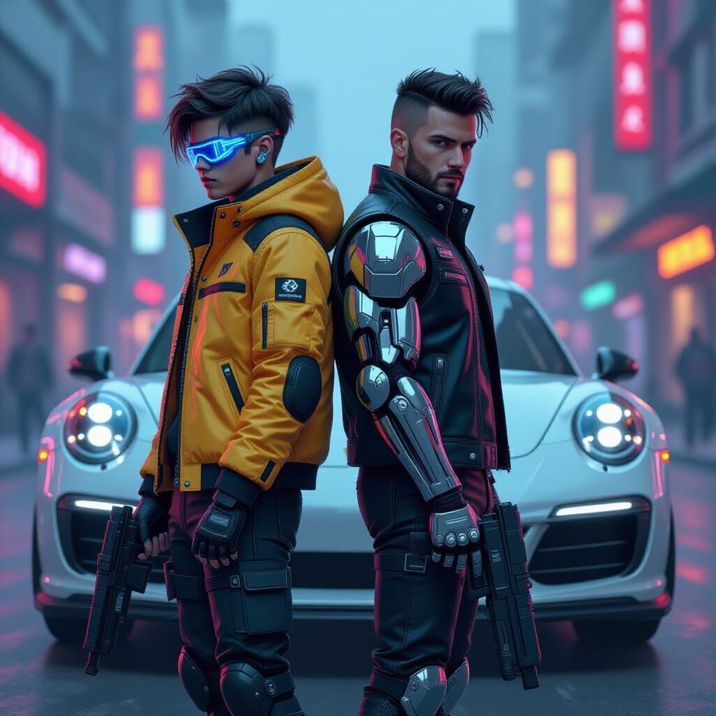 Cyberpunk Duo in Neon Cityscape
