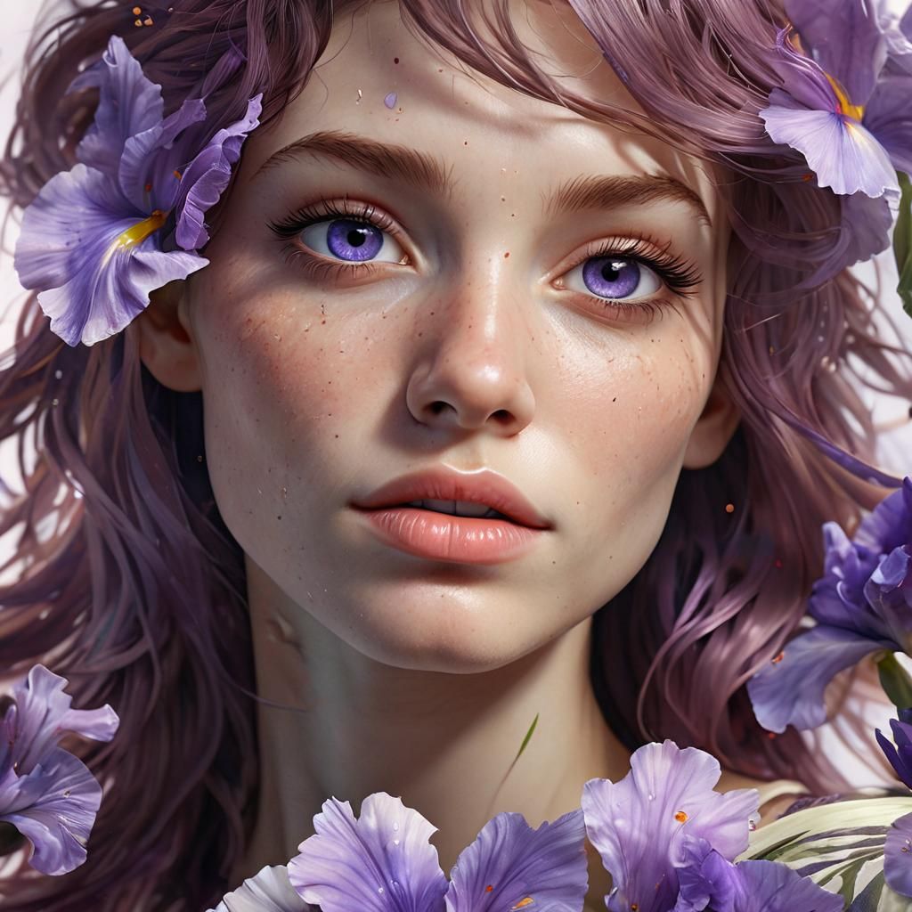 Purple Iris Portrait in Watercolor Art Style