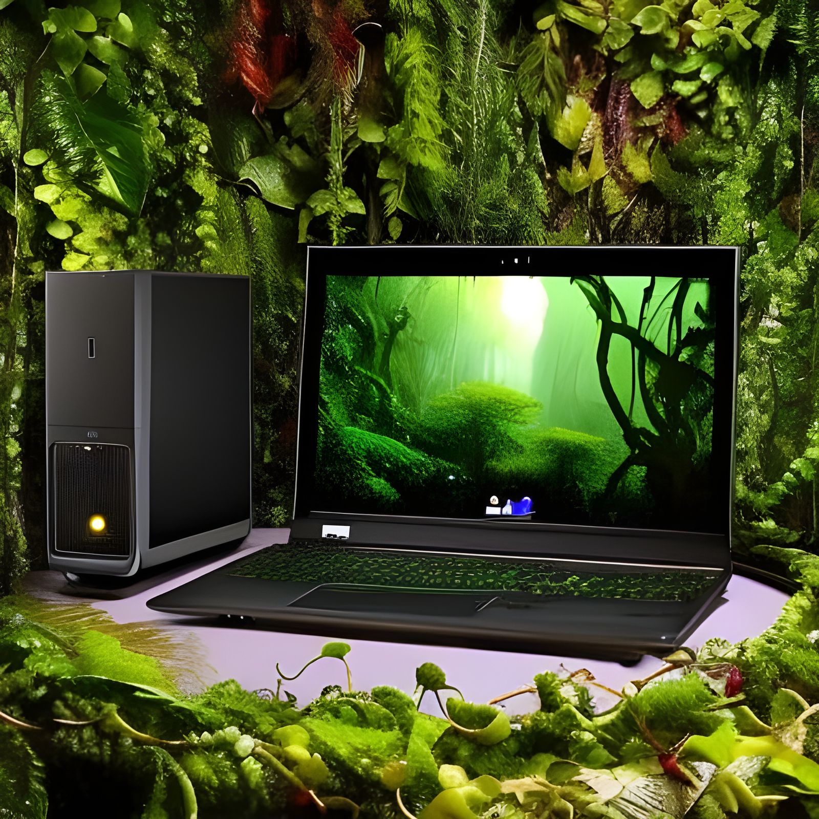 Laptop Embraced by Jungle Vines: Detailed Digital Painting