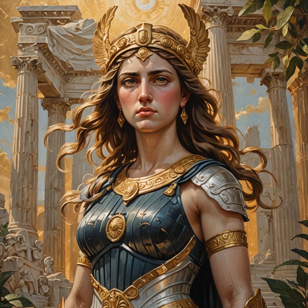 Pallas Athena Oil Painting with Greco-Roman Temple