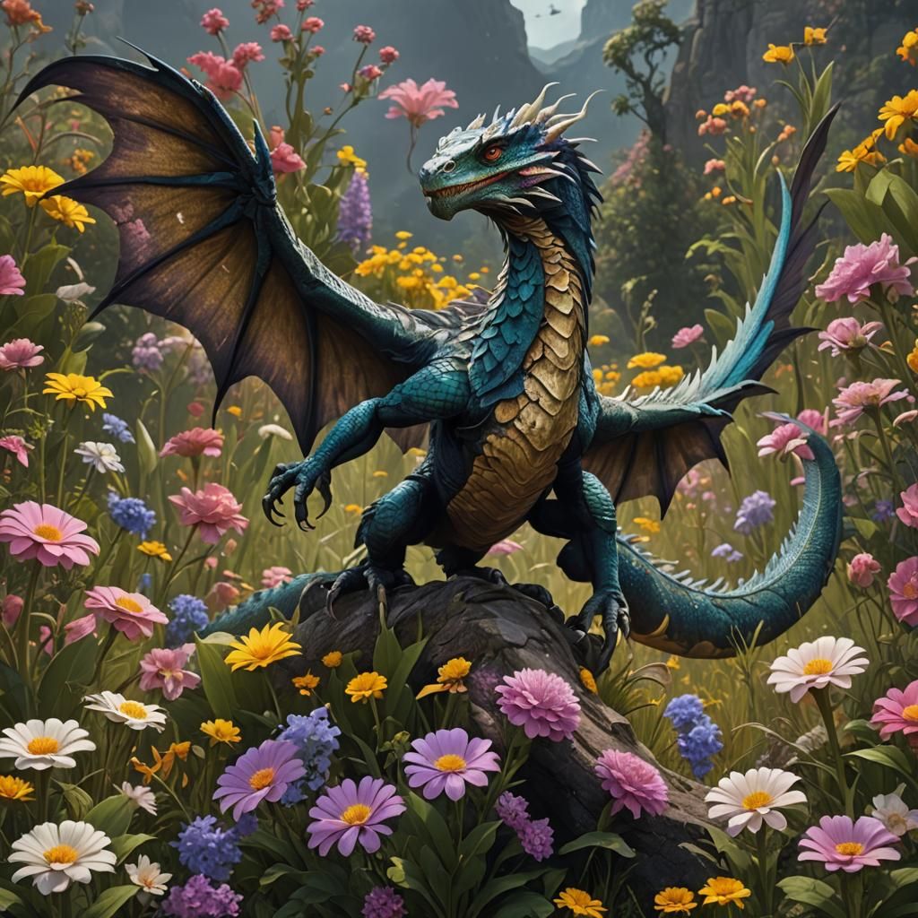 Giant Basilisk Flying from Flower Field