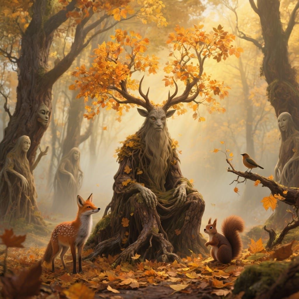 Majestic Tree Spirit in Enchanted Autumn Forest
