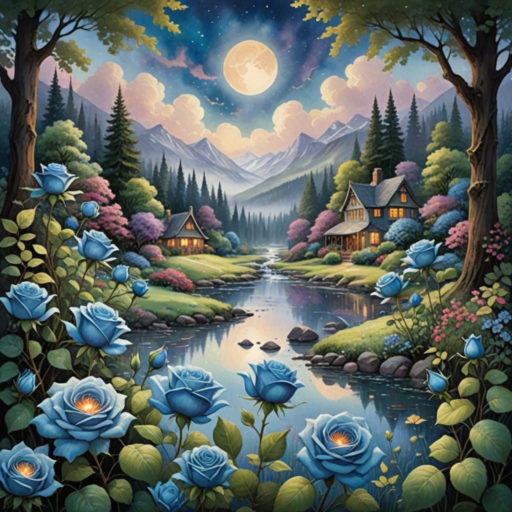 Vibrant Watercolor Scene with Enchanted Blue Roses and Leave...