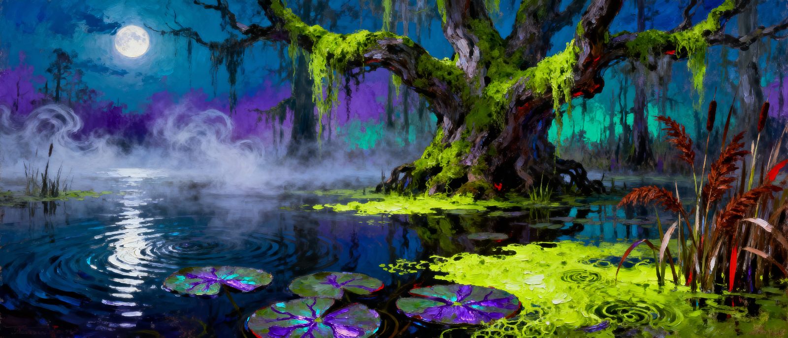 Eerie Swamp Landscape Oil Painting at Night