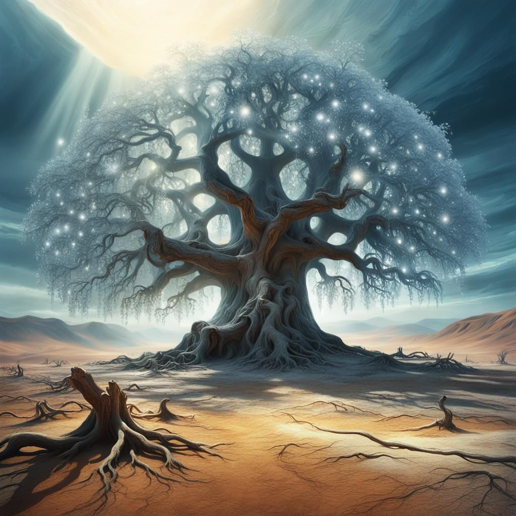 Ancient Desert Tree Illuminated in Dreamlike Etherscape
