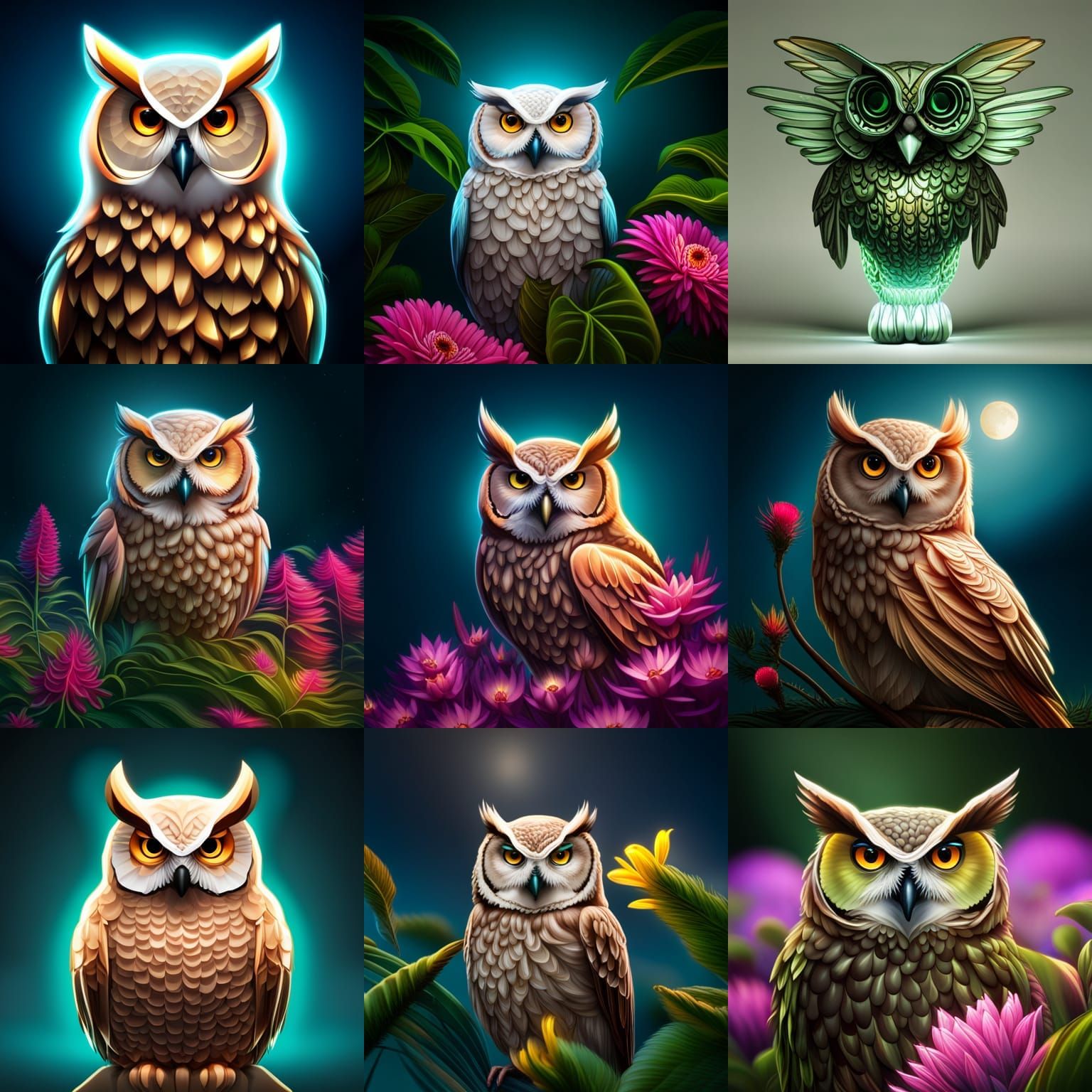 Hyperrealistic Neon Metallic Owl on Amazon Flower