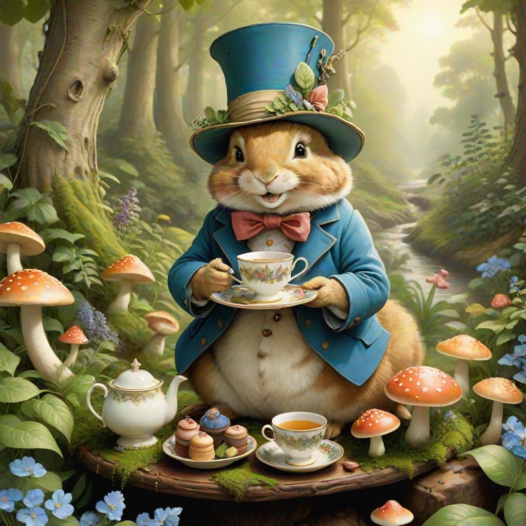 Enchanted Tea Party Hatter in Whimsical Fantasy Setting