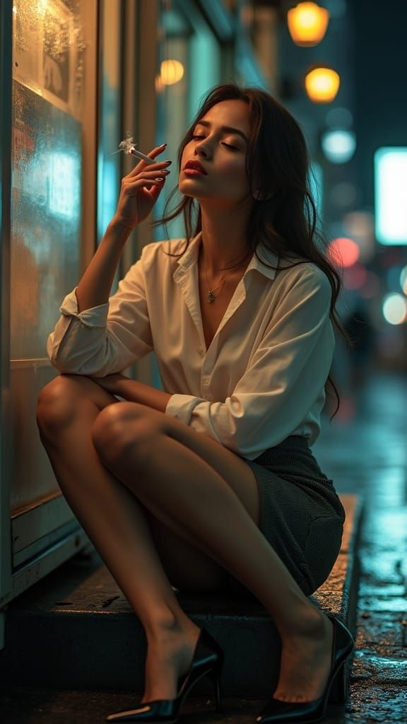 Gorgeous Woman on City Bus Step Portrait