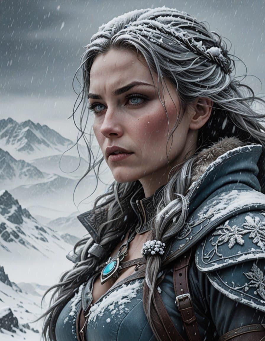 Grim Dark Fantasy Warrior in Icy Landscape