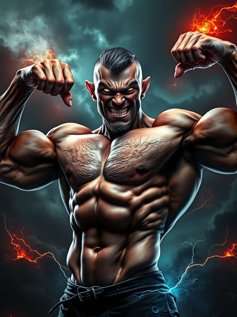 Surreal, Hyper-Muscular Demon in Stormy Skies