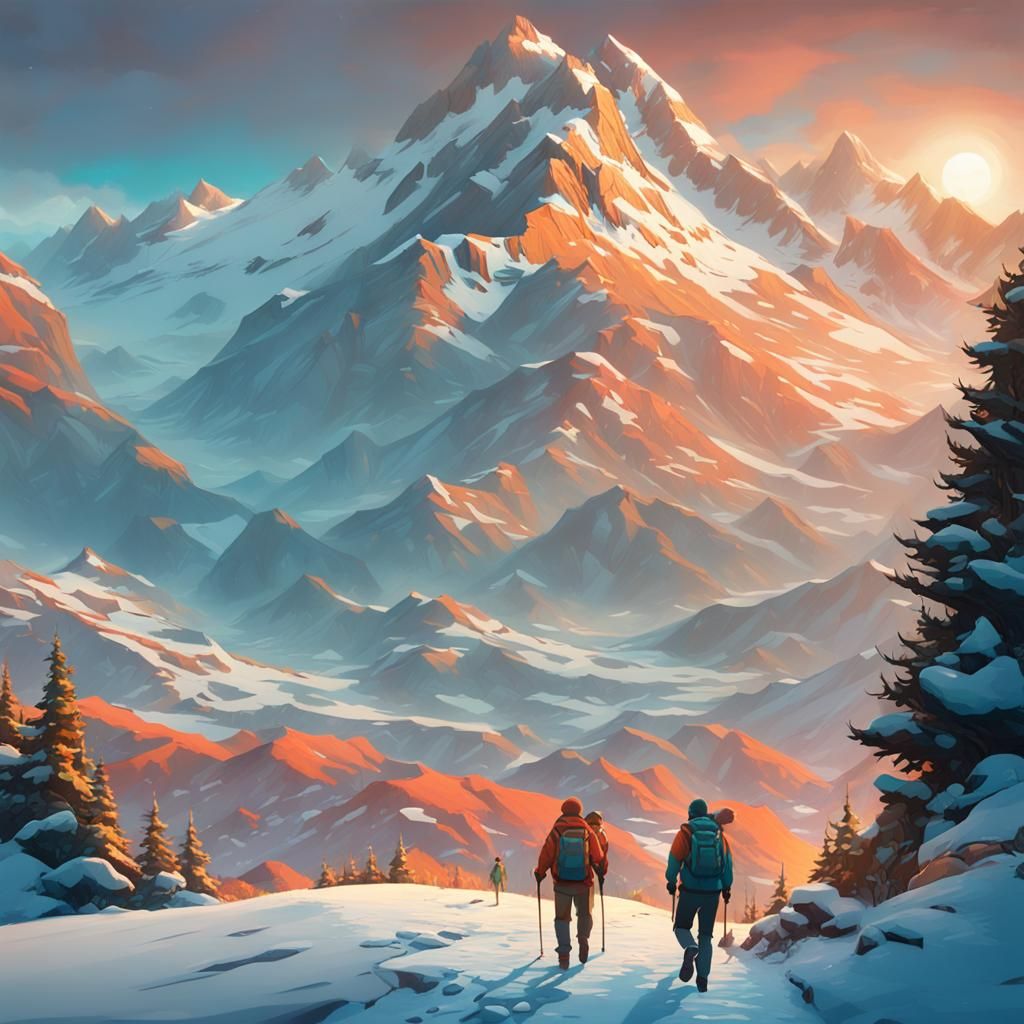 Alpine Hike: A Modern Snowy Landscape Painting