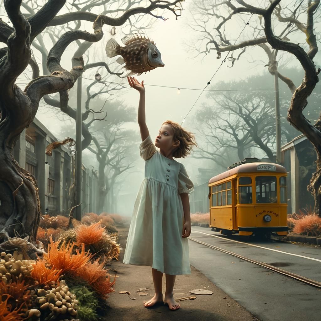 Ethereal Girl with Gills Holds Floating Pufferfish