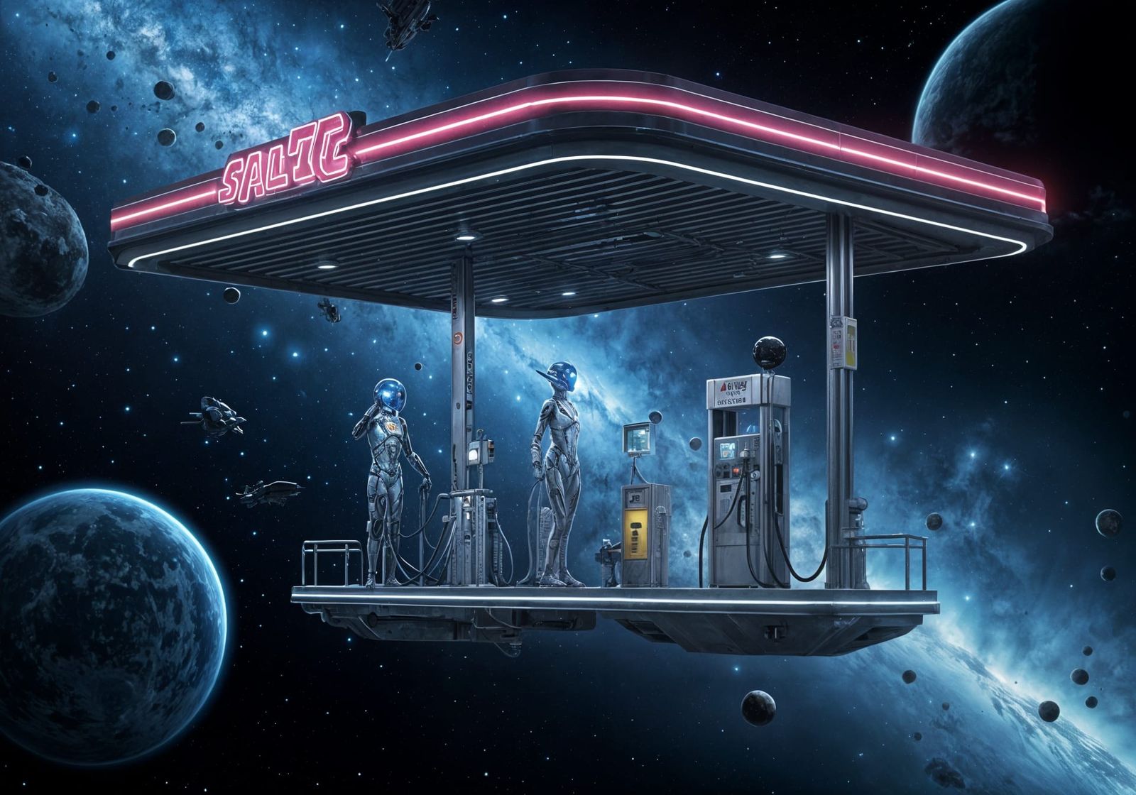 Alien Gas Station in Space: Hyperrealistic Still