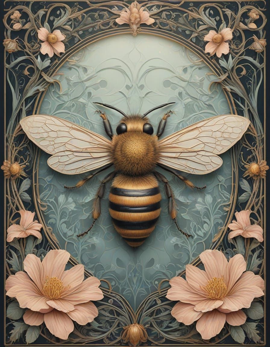 An elegant bee framed by intricate floral patterns