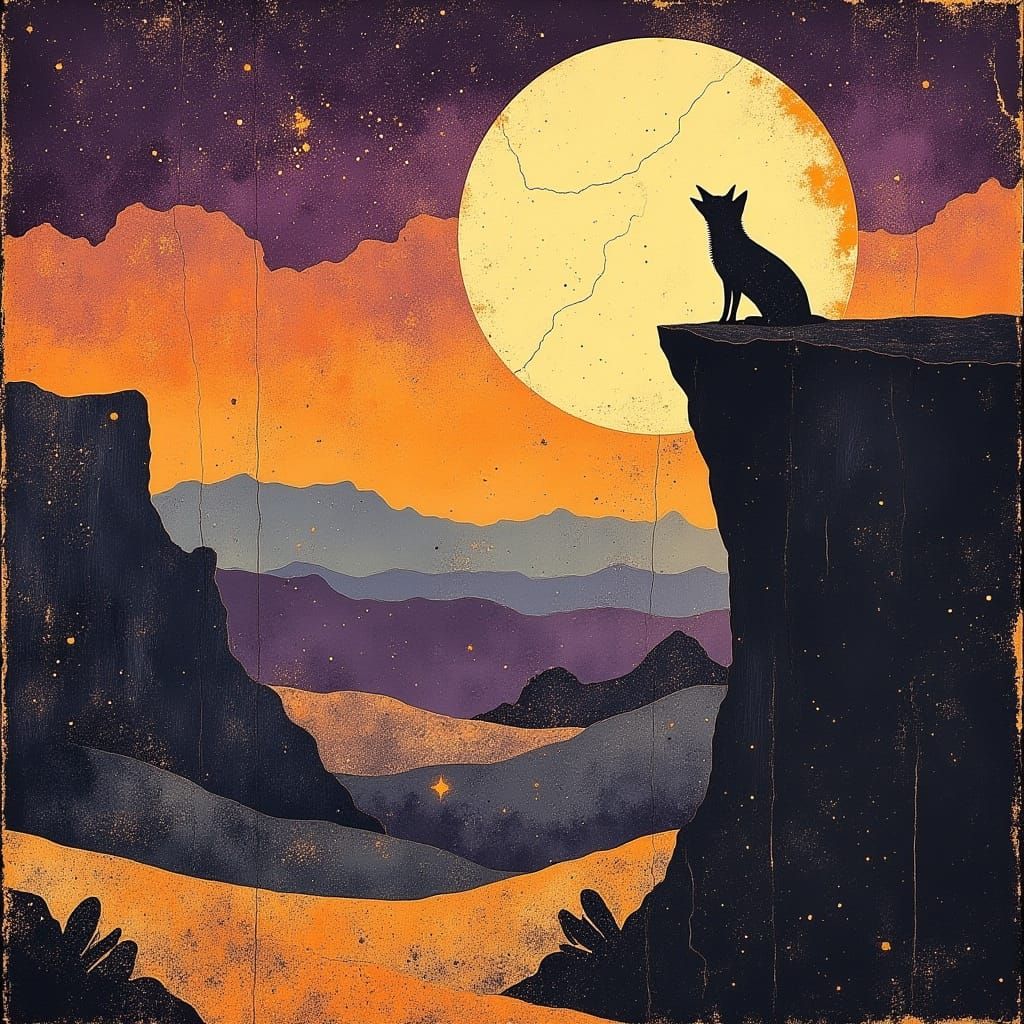 Barren Desert Landscape with Coyote under a Brilliant Full M...