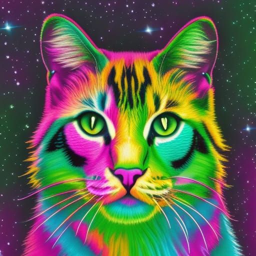 Lisa Frank Glowing Neon Cat Illustration