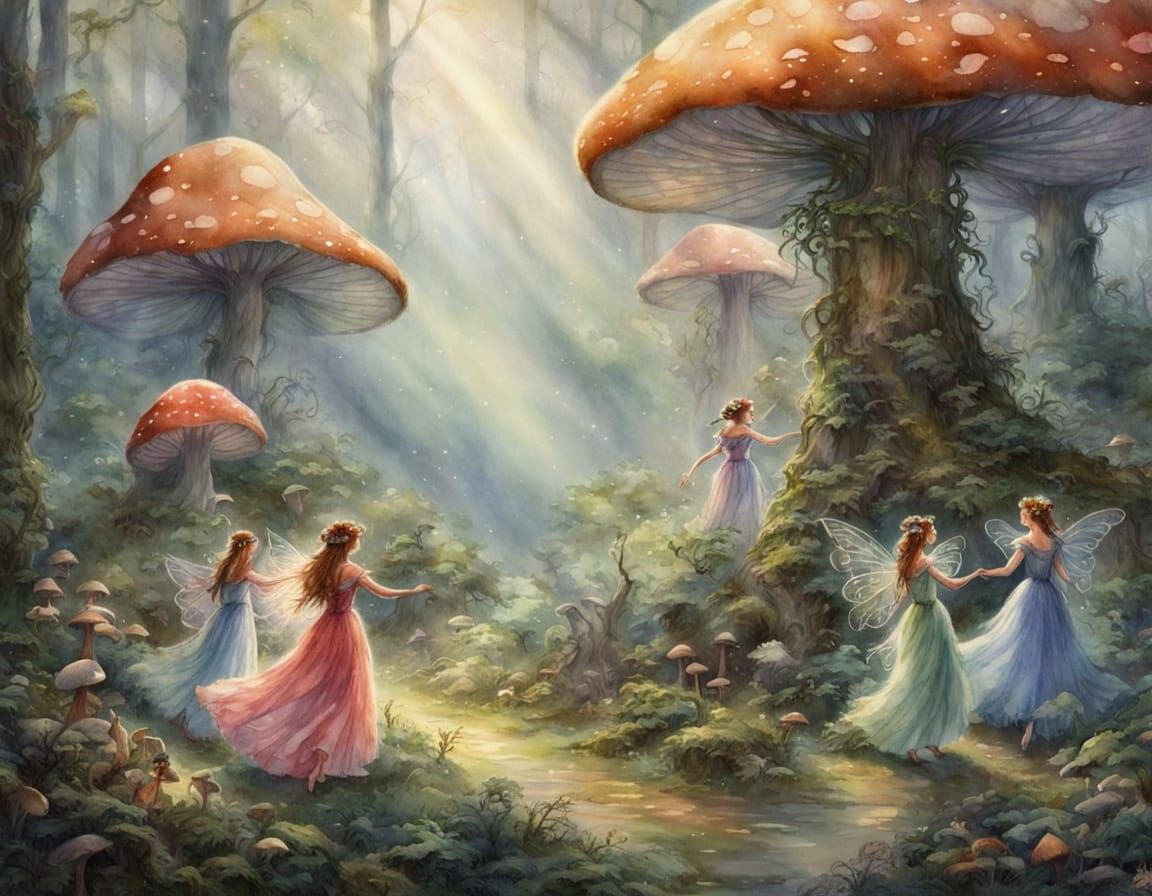 Ethereal Fairies Dancing in Misty Forest Watercolour