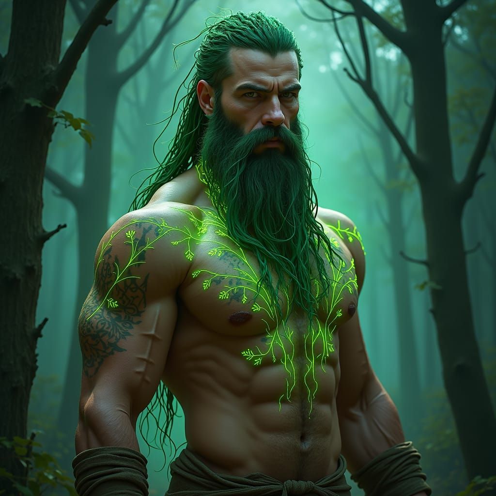 Athletic Druid with Bioluminescent Beard Braids