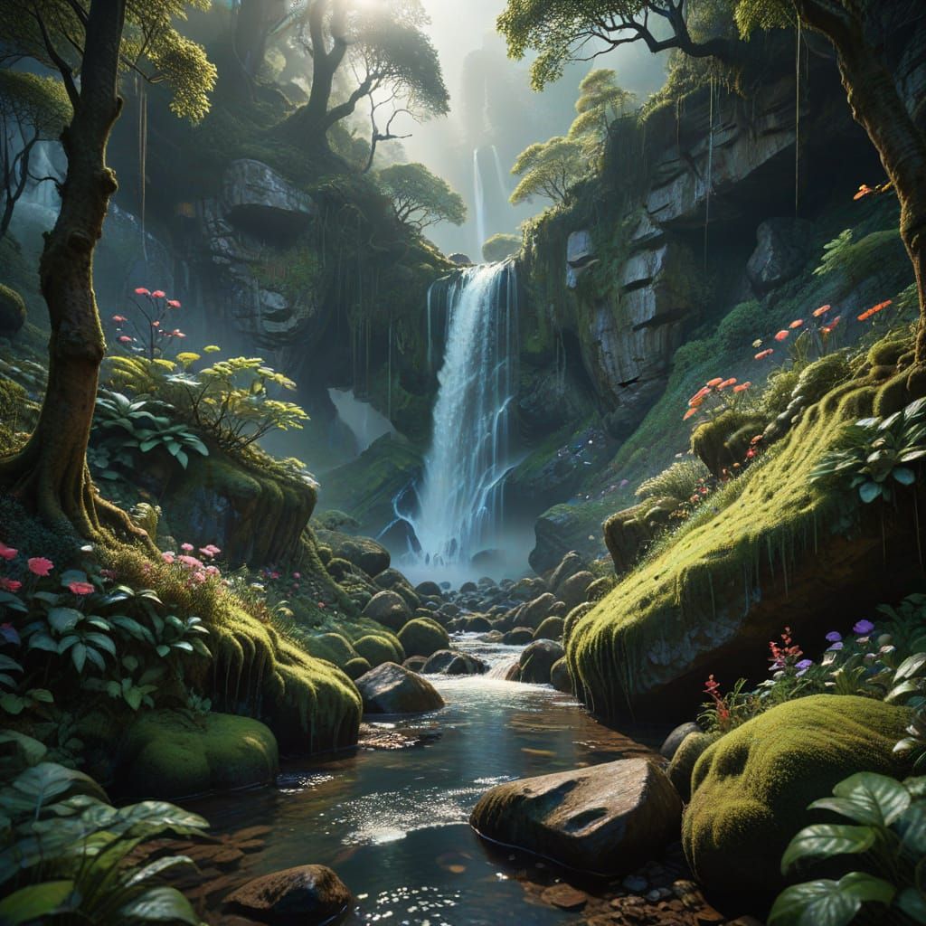 Ethereal Waterfall in Lush Greenery, Soft Light, and Whimsic...