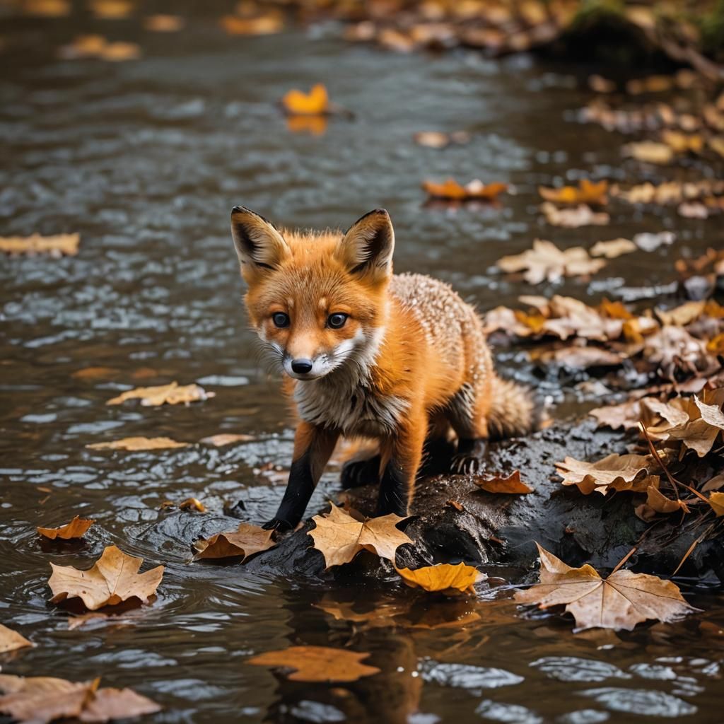 Playful Baby Fox in Autumn Forest River