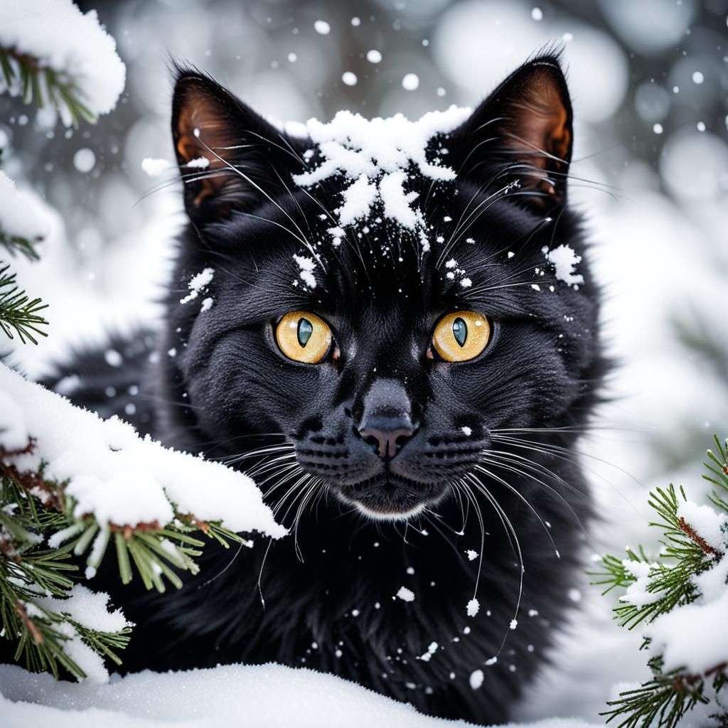 Black Cat Camouflaged in Snowy Winter Scene