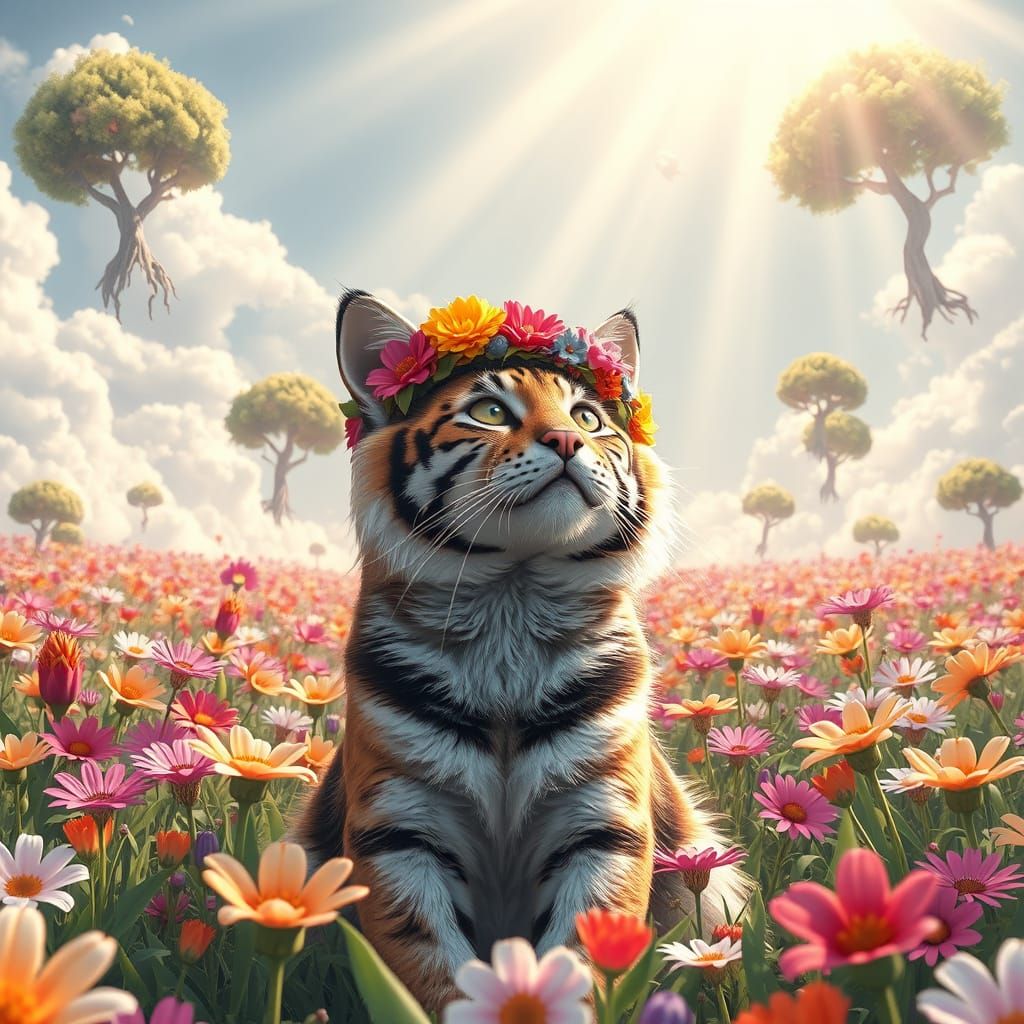 Whimsical Calico Cat-Tiger Hybrid in Vibrant Floral Wonderla...