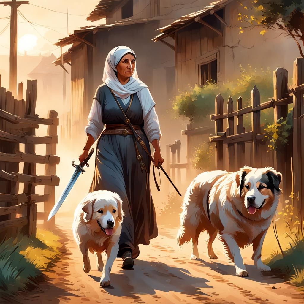 Syrian Peasant Woman with Dog, Digital Cel Shading Art