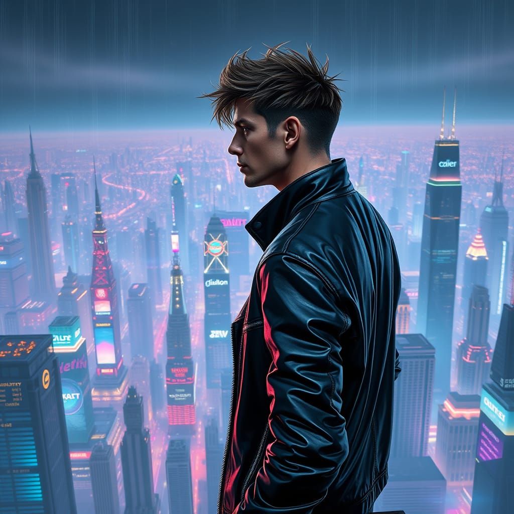 Cyberpunk Hero Stands Tall in Neon-Lit Metropolis