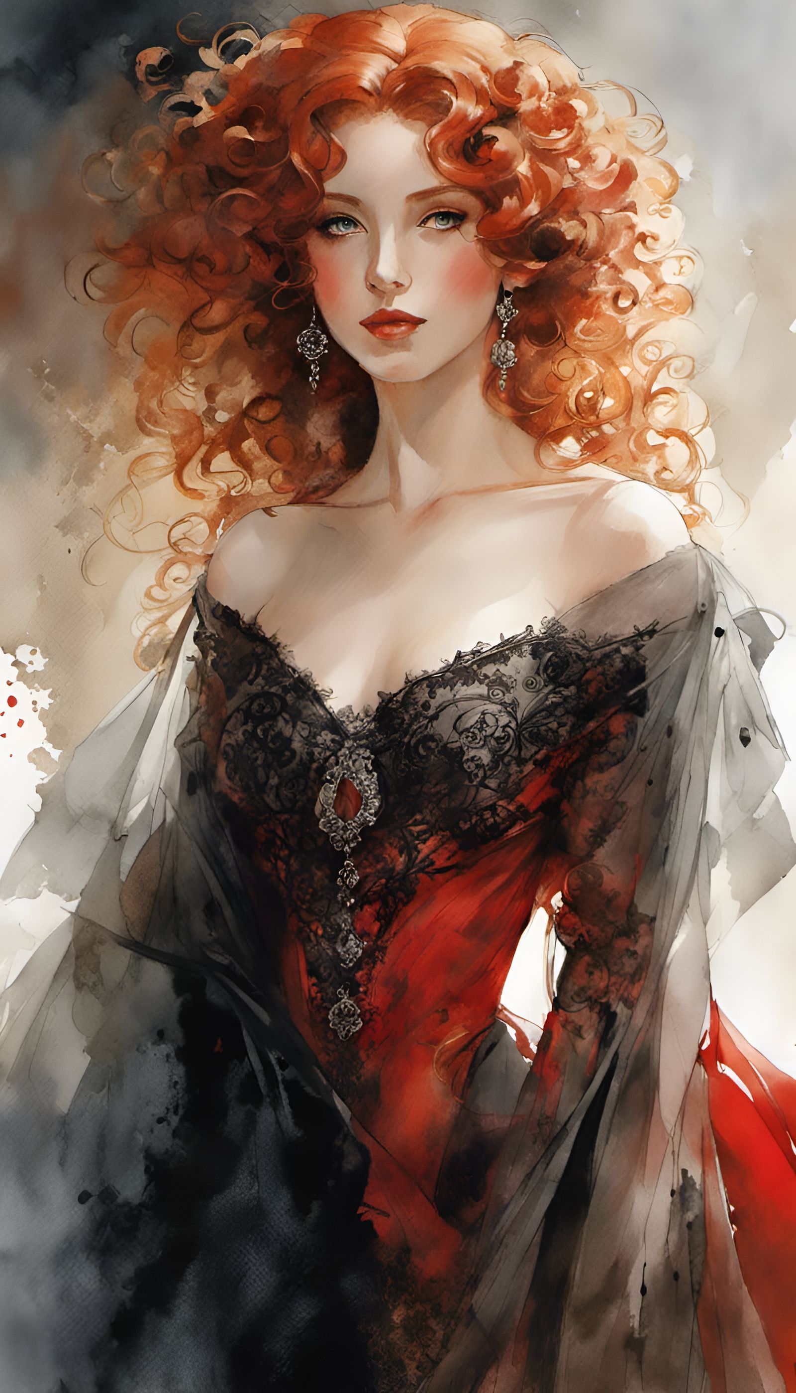 Red-Haired Princess with Veil in Watercolor Style