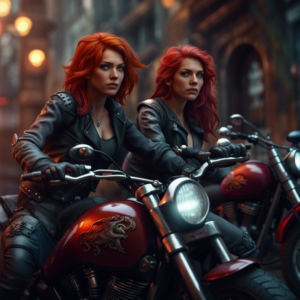 red haired biker chicks, ON their motorcycle, Published