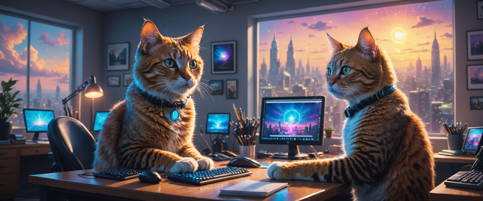Feline Tech Wizards Marvel at Celestial Hologram