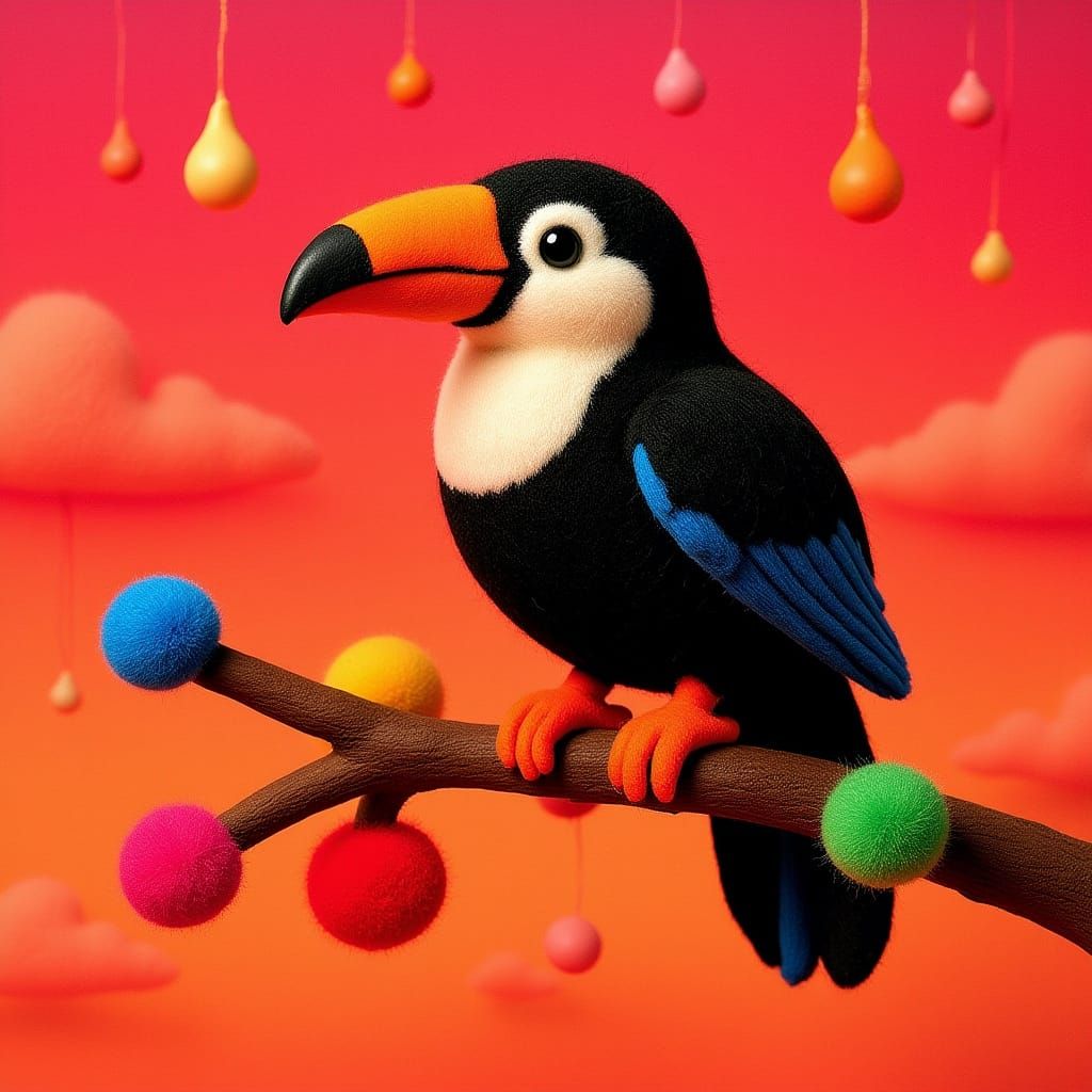 Needle-Felted Toucan on Pom-Pom Branch in Graffiti Art Style