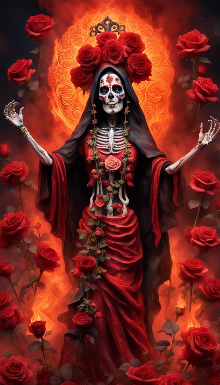 Highly realistic highly detailed La Santa Muerte with an elaborate painted face is looking longingly at the camera while...