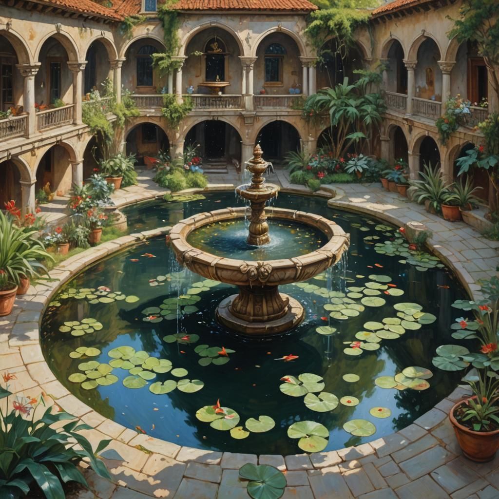 Courtyard Fountain with Lily Pads, Oil Painting Style