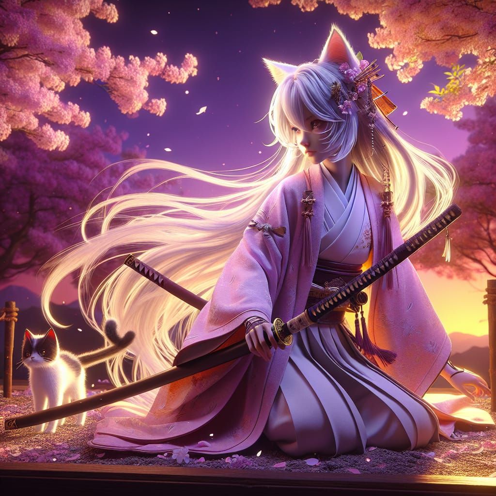 Cat Girl Samurai with Sakura Sunset, Dark Fantasy