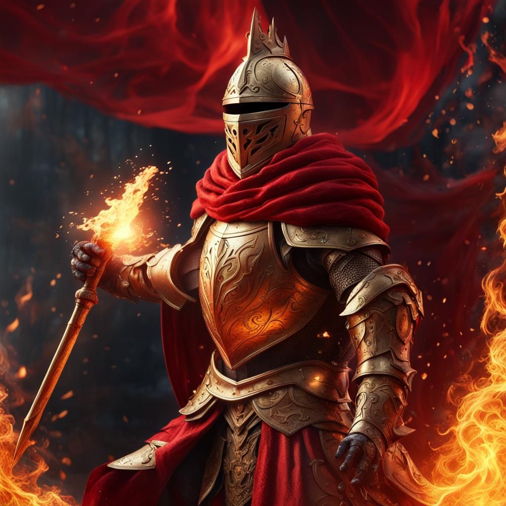 Golden Knight with Flaming Mace: Fantasy Concept Art