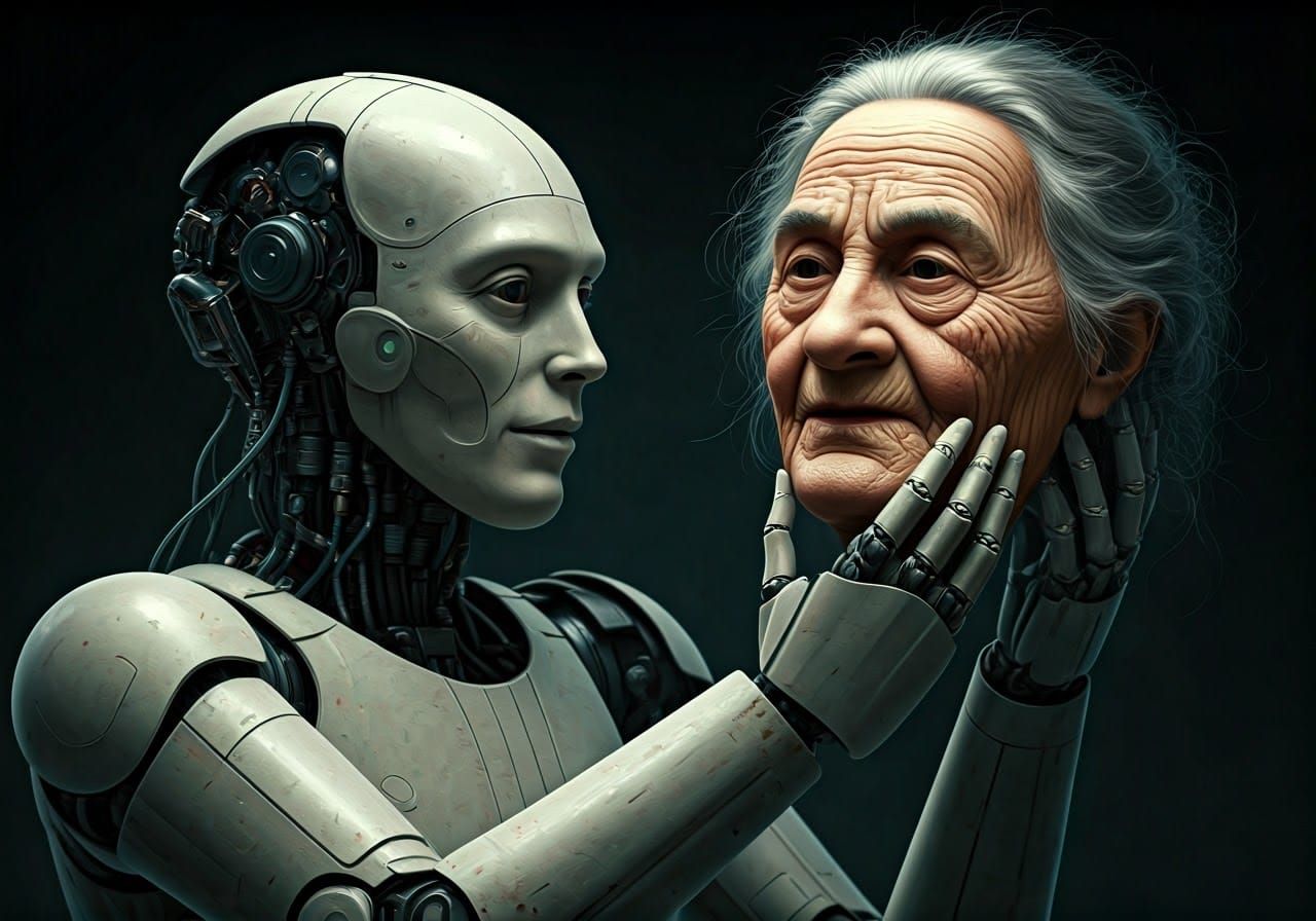 Android Contemplates Latex Mask of Elderly Woman