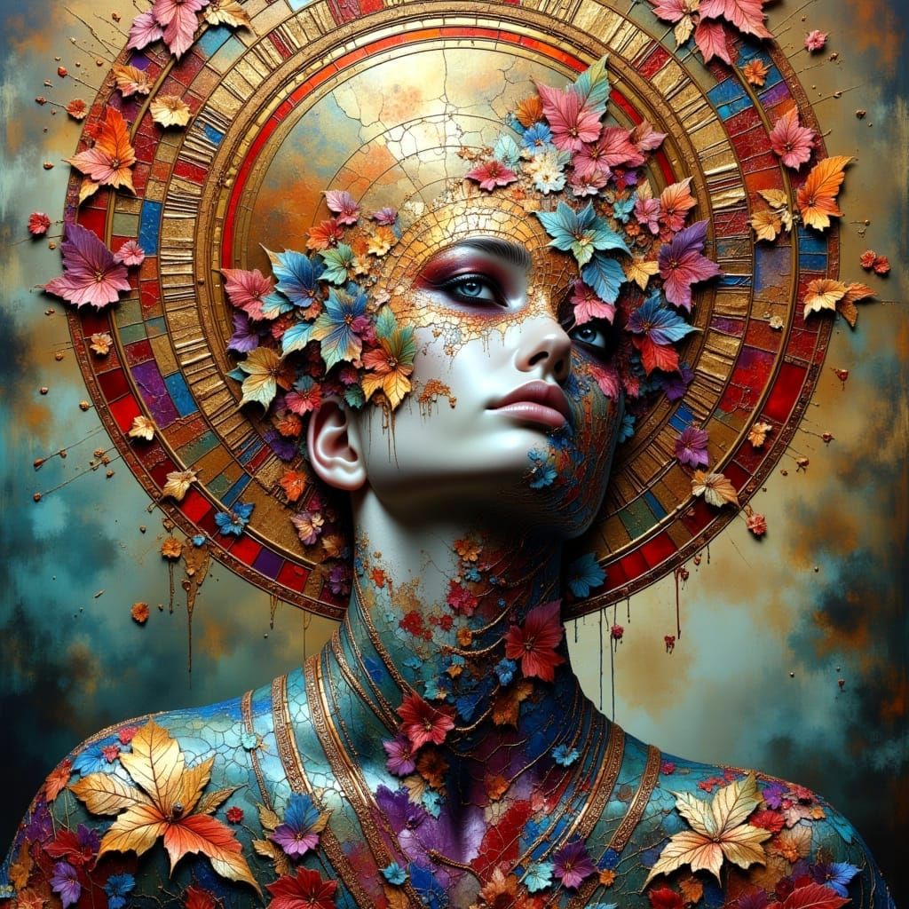 Hyperdetailed Oil Painting with Geometric Sun