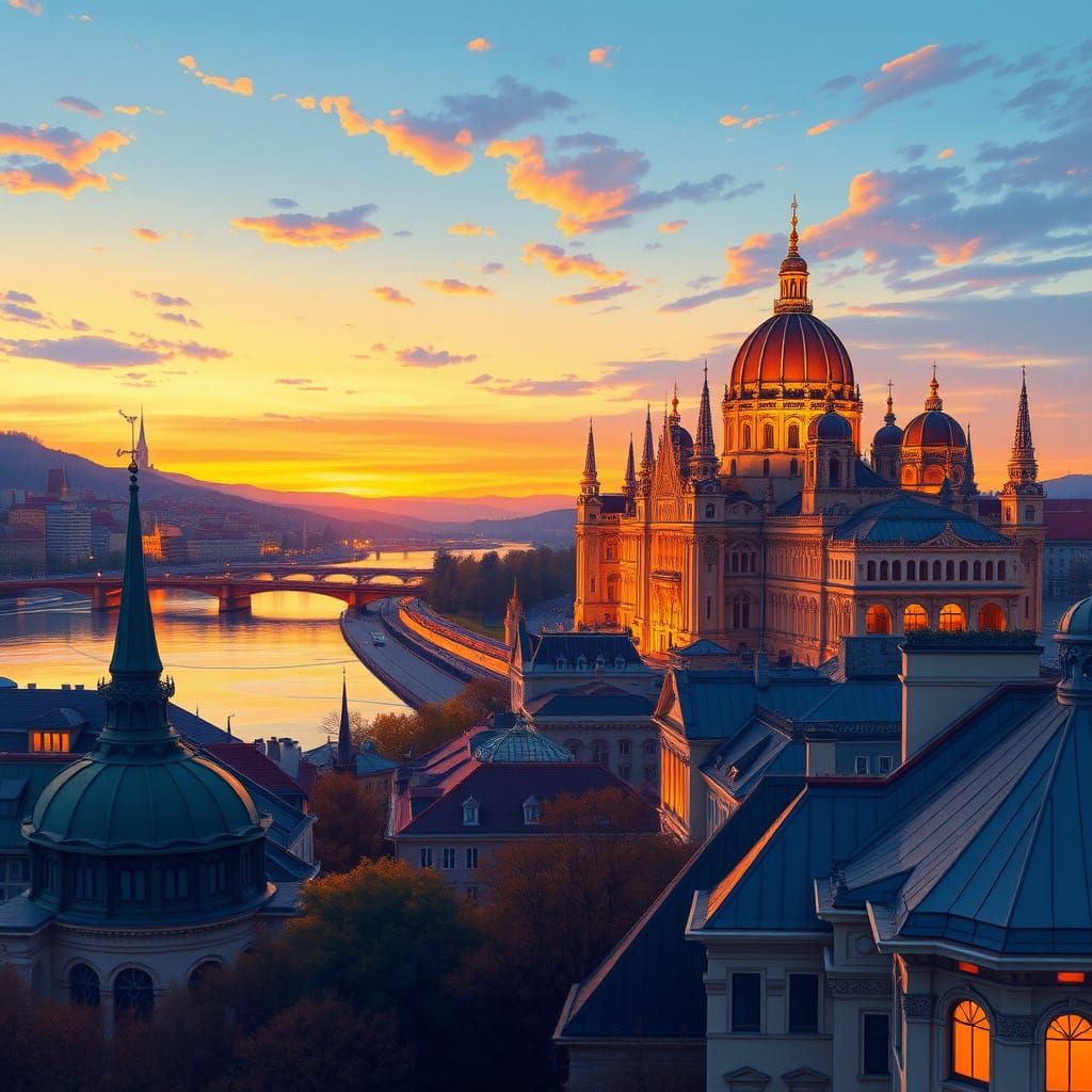 Hungarian Cityscape at Dusk in Impressionist Style