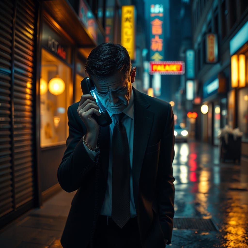 Lonely Man in Rainy Alley with Payphone, Cinematic Lighting