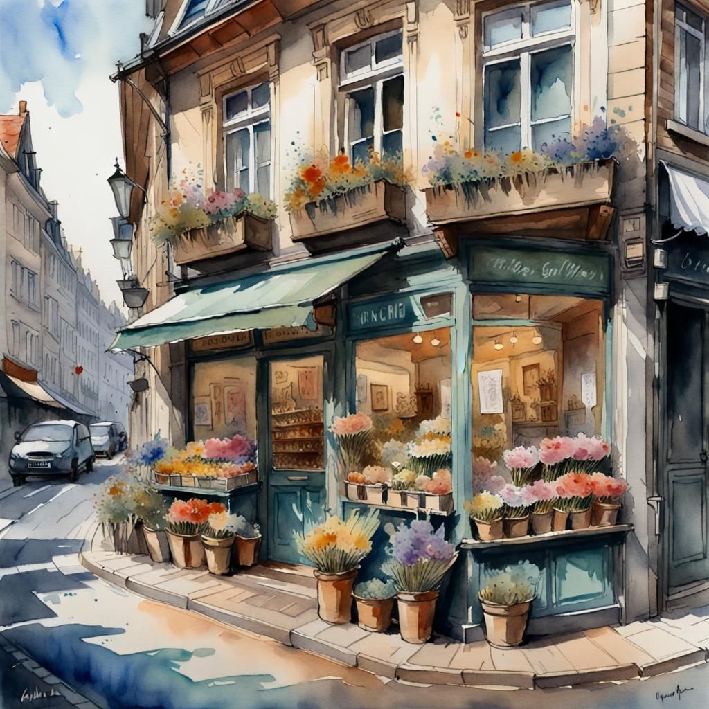 Dutch Flower Shop Watercolor Illustration