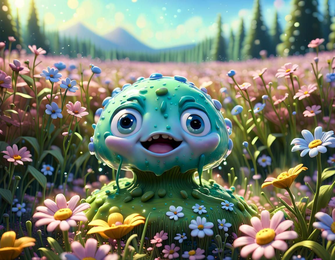 Pixar Slime in Flower Field with Bokeh