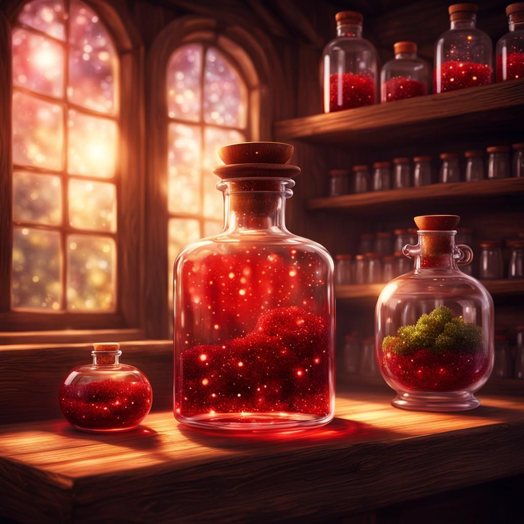 Elegant Red Magical Potion on Wooden Shelf